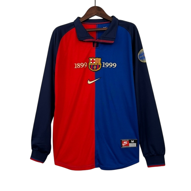 Camisa Barcelona 98/99 Home Edição Comemorativa 100 Anos Manga Longa - Retrô Masculina